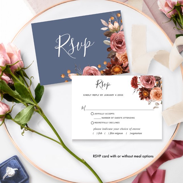 Blue, Blush Burgundy Floral,  w/without meals RSVP Card (Creator Uploaded)