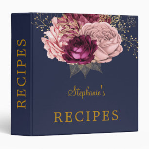 Blue Blush Burgundy Gold Floral Recipe Binder