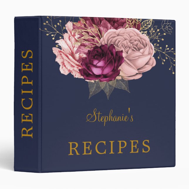 Blue Blush Burgundy Gold Floral Recipe Binder (Front/Spine)
