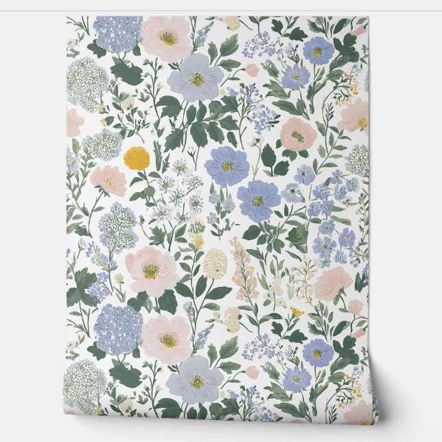 Blue Blush Cottagecore Wildflower Wallpaper (Unrolling)