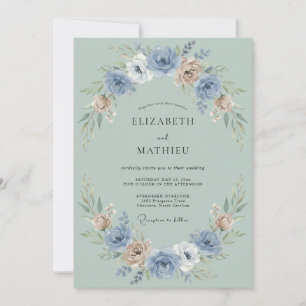 Blue Blush Floral Garland Wedding Invitation