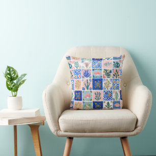 Blue Blush Floral Ocean Beach Coral Throw Pillow