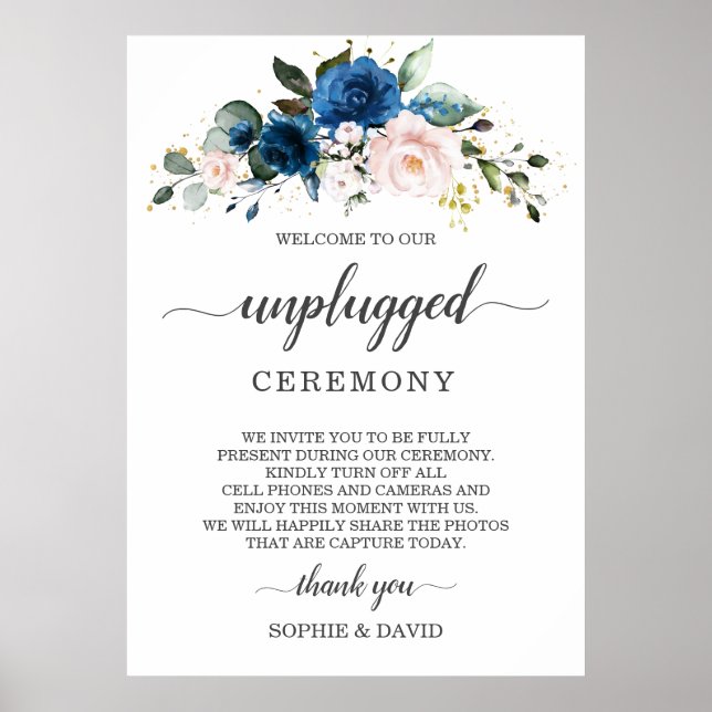 Blue Blush Floral Unplugged Wedding Ceremony Sign (Front)
