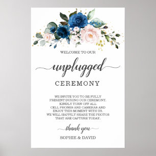 Blue Blush Floral Unplugged Wedding Ceremony Sign