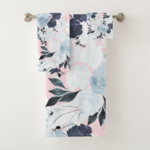 Blue Blush Floral Watercolor Paint Bath Towel Set