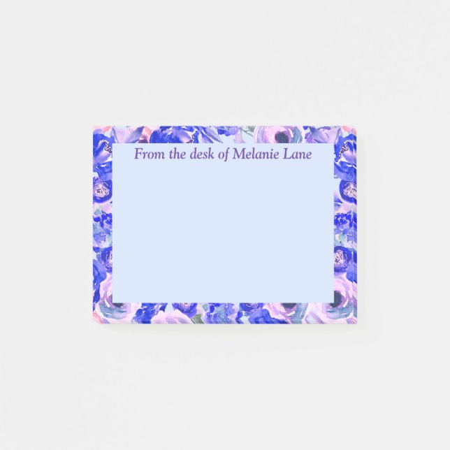 Blue Blush Floral Watercolor Personalized Post-it Notes (Front)