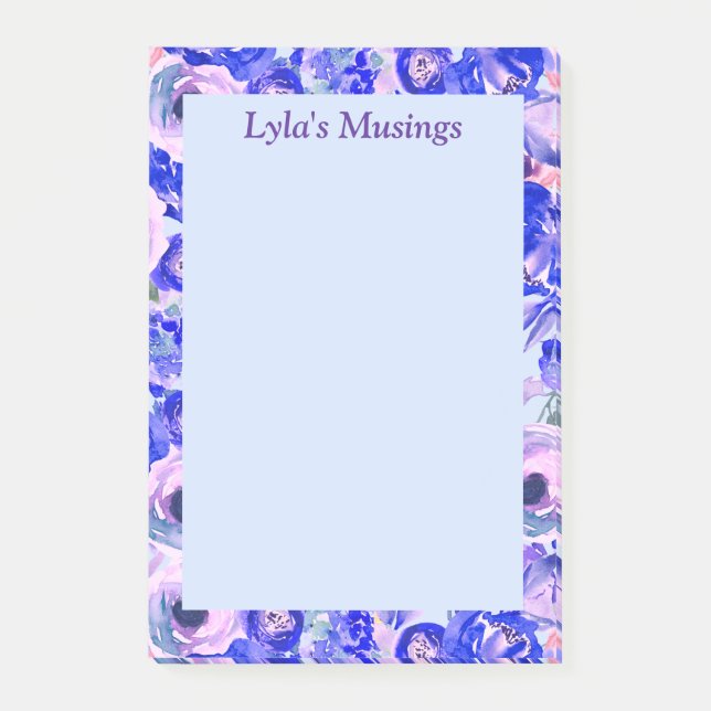 Blue Blush Floral Watercolor Personalized Post-it Notes (Front)