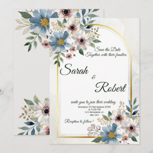Blue Blush Flower Frame Elegant Wedding Invitation