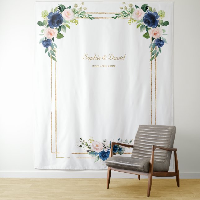 Blue Blush Flowers Bloom Photo Booth Wedding Tapestry (In Situ)