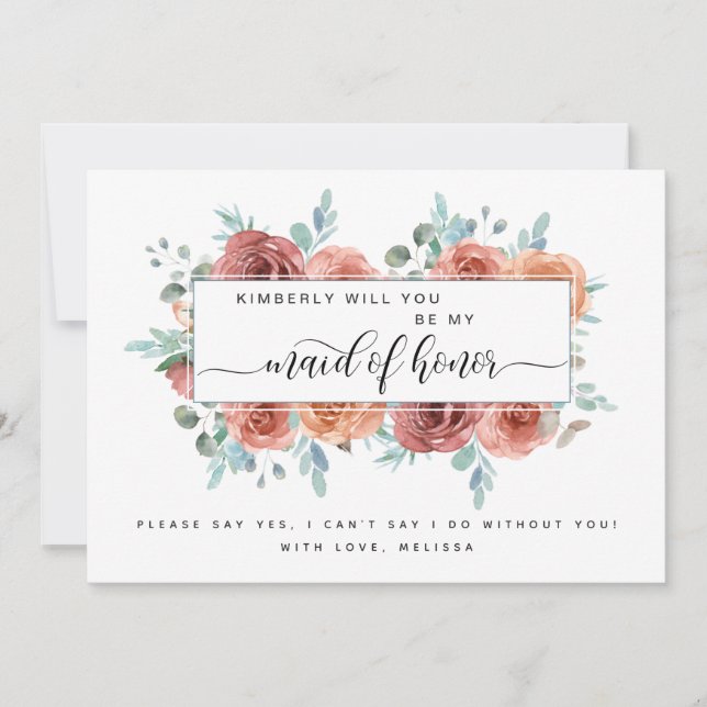 Blue, Blush Peach Floral Be My Maid of Honour Card (Front)