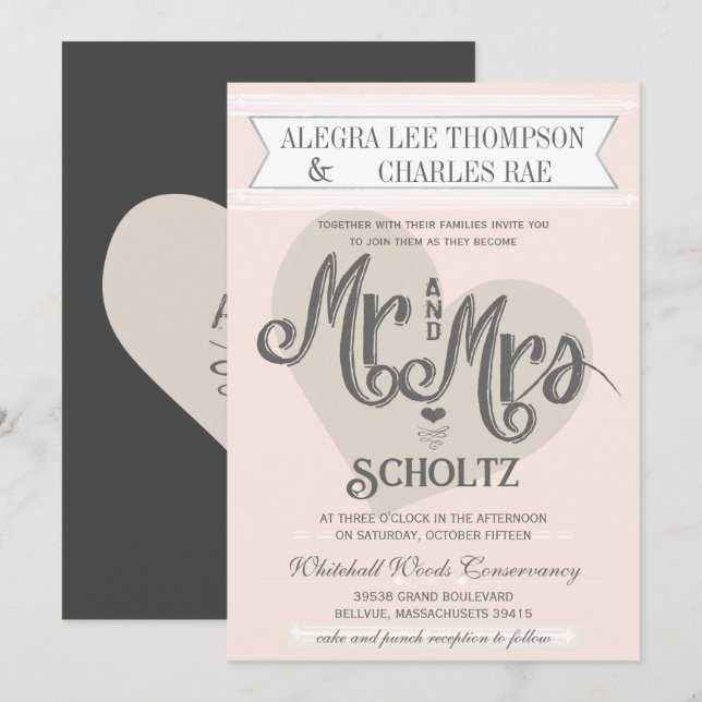 Blue Blush Peach Mr and Mrs Typography Wedding Invitation (Front/Back)