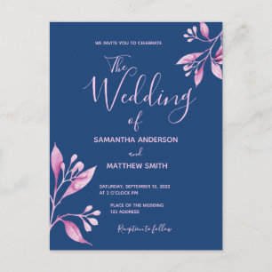 Blue blush pink botanical wedding invitation postcard