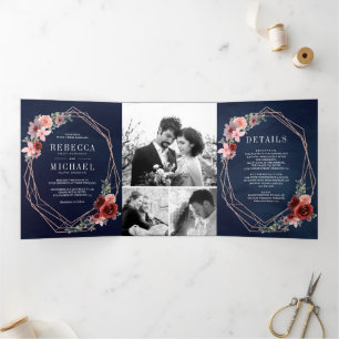 Blue Blush Pink Burgundy Floral Rose Gold Wedding Tri-Fold Invitation