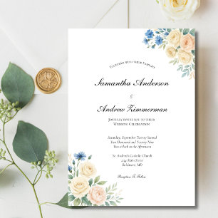 Blue Blush Pink Cream Floral Elegant Wedding  Invitation