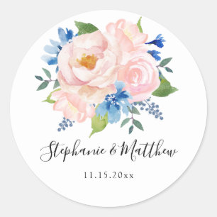 Blue Blush Pink Watercolor Floral Wedding Classic Round Sticker