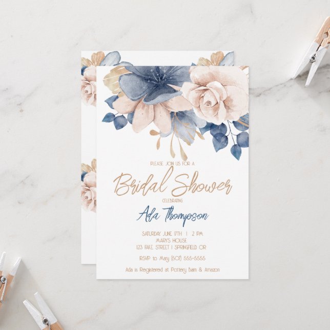 Blue, Blush & Rose Gold Bridal Shower Invitation  (Front/Back In Situ)