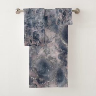 Blue & Blush Rose Pink Abstract Watercolor Stain Bath Towel Set