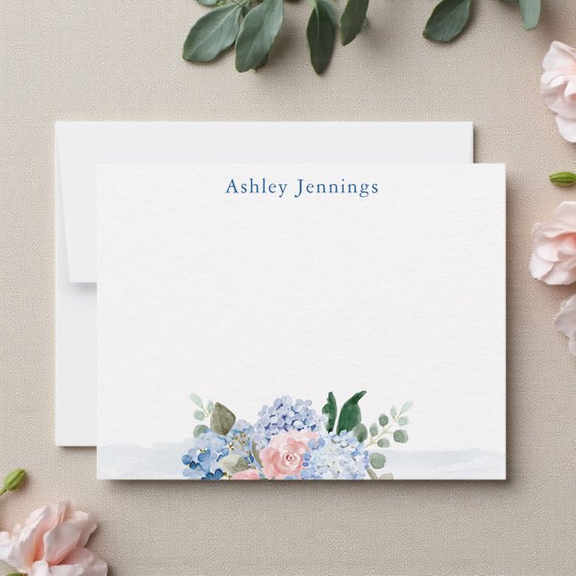 Blue & Blush Watercolor Floral Note Card (Elegant personalized stationery with pastel hydrangeas and roses)