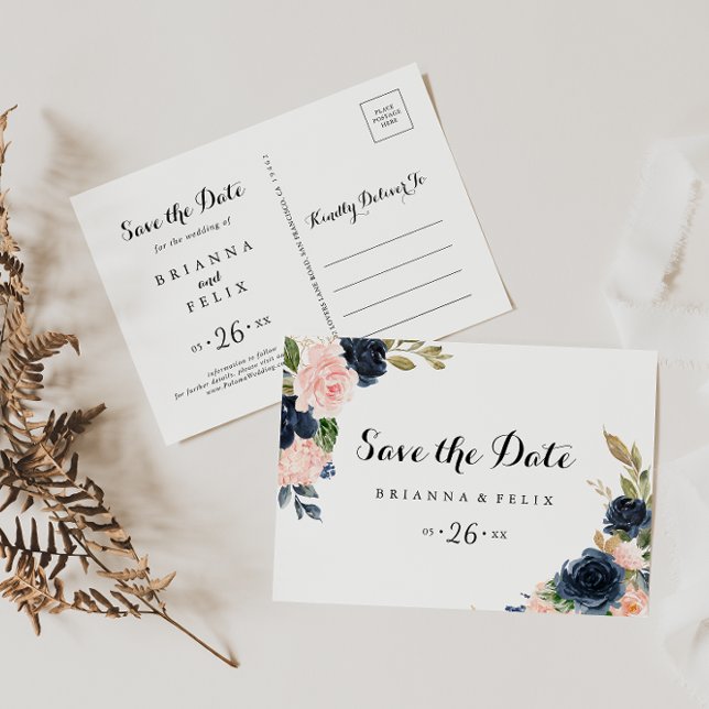 Blue Blush Winter Floral Horizontal Save the Date Postcard (Creator Uploaded)