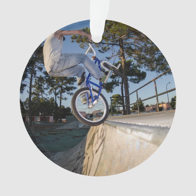 Blue BMX Balancing on Ledge Ornament (Front)