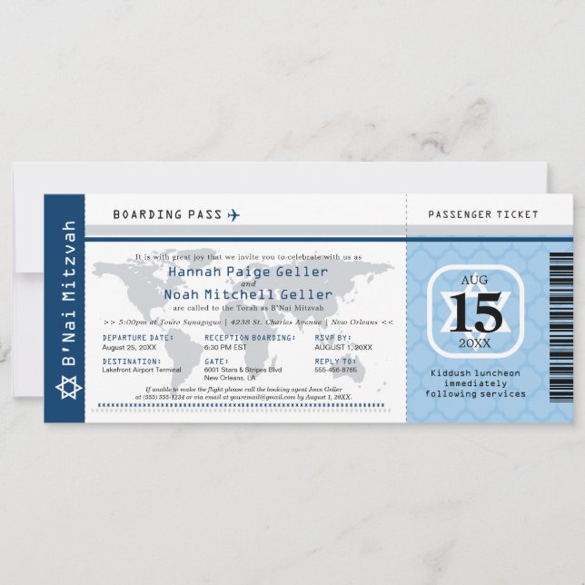 Blue B'Nai Mitzvah World Traveller Boarding Pass Invitation (Front)