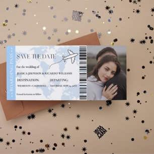 Blue Boarding pass monogram save the date ticket