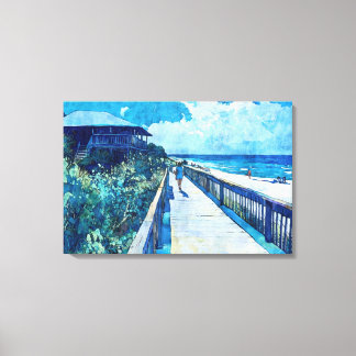 Blue Boardwalk Stroll Beach Watercolor Canvas 