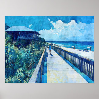 Blue Boardwalk Stroll Beach Watercolor Poster