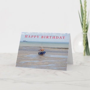 Blue boat at low tide birthday card