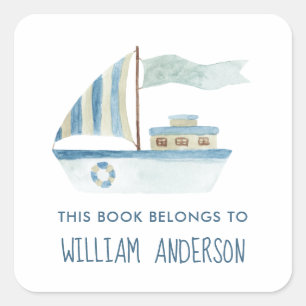 Blue Boat Nautical Boys Personalized School   Square Sticker