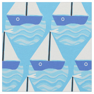 Blue boat with white sails on ocean waves fabric