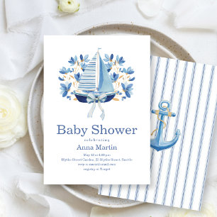 Blue Boats & Bows Baby Shower Invitation
