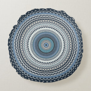Blue Bohemian Boho Mandala Round Pillow
