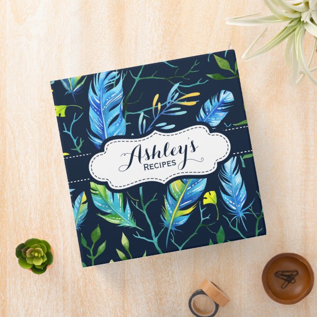 Blue Bohemian Feather Watercolor Pattern Recipe Binder (In Situ)