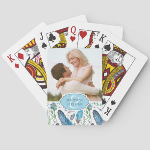 Blue Boho Aztec Watercolor - Wedding Photo Playing Cards