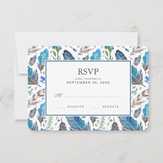 Blue Boho Aztec Watercolor - Wedding RSVP Card (Front)