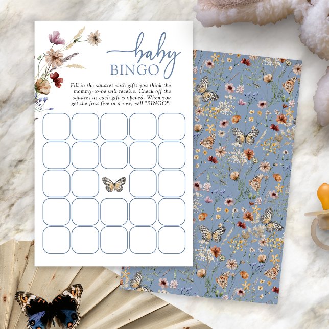 Blue Boho Baby Bingo Game (Dust Blue Boho Floral Baby Bingo Game Card with Butterfly by Painted Paperie
)