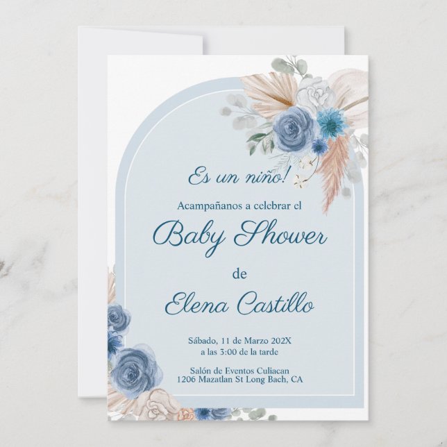 Blue boho baby shower invitation (Front)