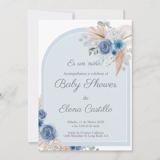 Blue boho baby shower invitation (Front)