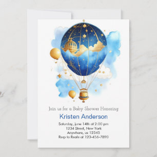 Blue Boho Balloon Adventure Boy Baby Shower Invitation