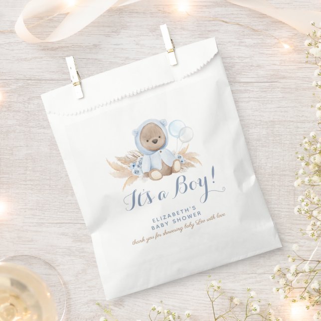 Blue Boho Bear Baby Shower Favour Paper Bag (Clipped)