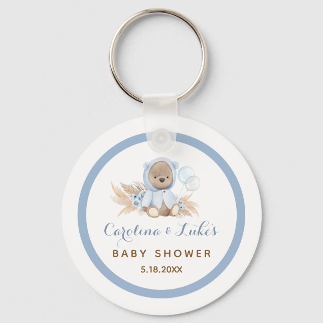 Blue Boho Bear Baby Shower Favours Keychain (Front)