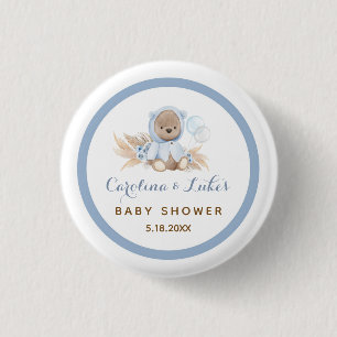 Blue Boho Bear Baby Shower Party Favours Button