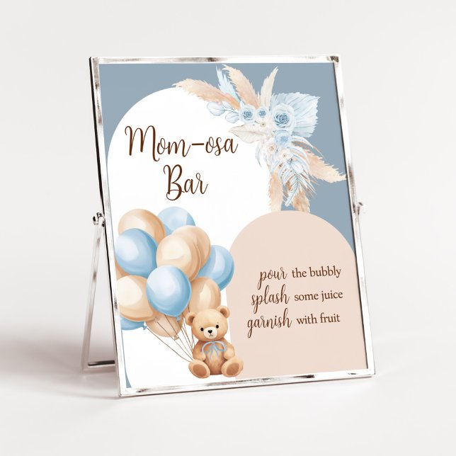 Blue Boho Bear Balloon Baby Shower Mom Osa Bar Poster (Boy Bear Arch Balloon Baby Shower Mom Osa Bar Sign)