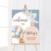 Blue Boho Bear Balloon Baby Shower Welcome
