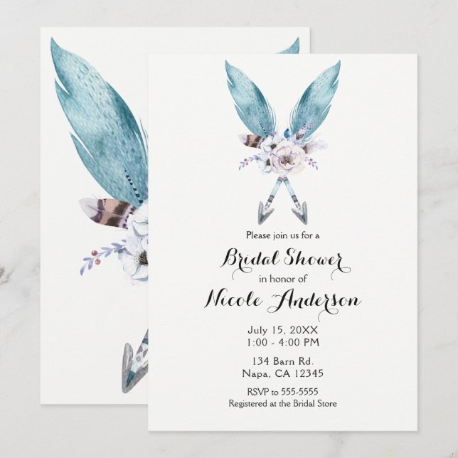 Blue Boho Bohemian Arrows Feather Floral Party Invitation (Front/Back)