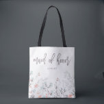 Blue Boho Botanical Wedding | Maid of Honour Tote Bag<br><div class="desc">This simple and stylish tote bag features sweet watercolor boho pink and blue flowers and leaves, and modern typography that says "maid of honour."</div>