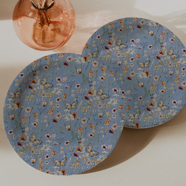 Blue Boho Butterflies Paper Plate (Dusty Blue Boho Floral Butterflies Paper Plates by Painted Paperie
)