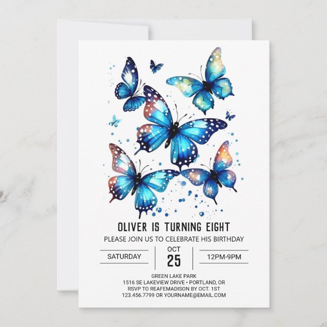 Blue Boho Butterfly Boy Birthday Invitation (Front)