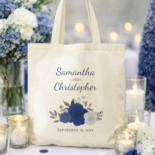 Blue Boho Chic Roses Couple's Names Wedding Tote Bag